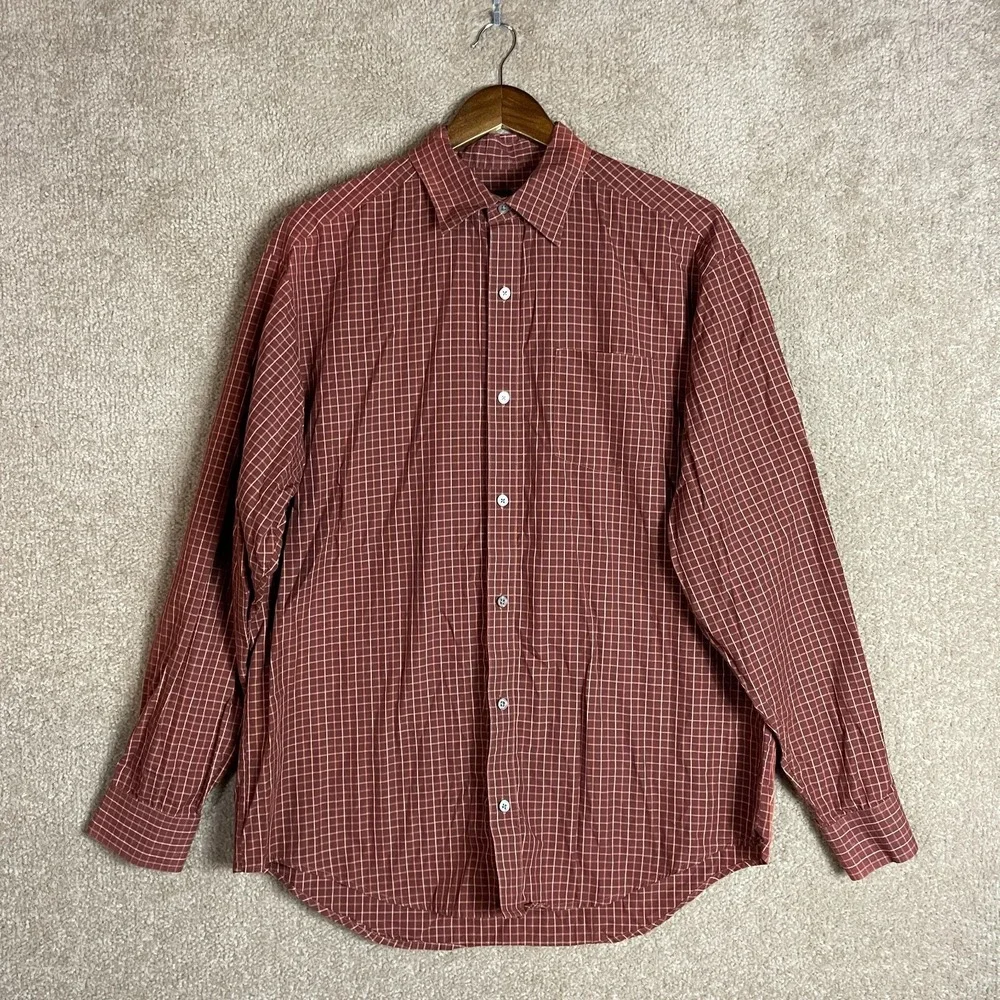 Banana Republic Button Down Shirt Men's Large Burgundy Plaid Long Sleeve Cotton‎